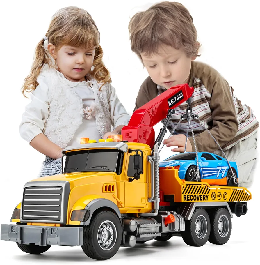 Kids Tow Truck Toy with Car for Boys 4-7 Years Old - Big Tow Truck for Kids Flatbed and Crane with Sounds and Lights, Road Rescue Car for Party Birthday Gifts Truck for Boys Girls