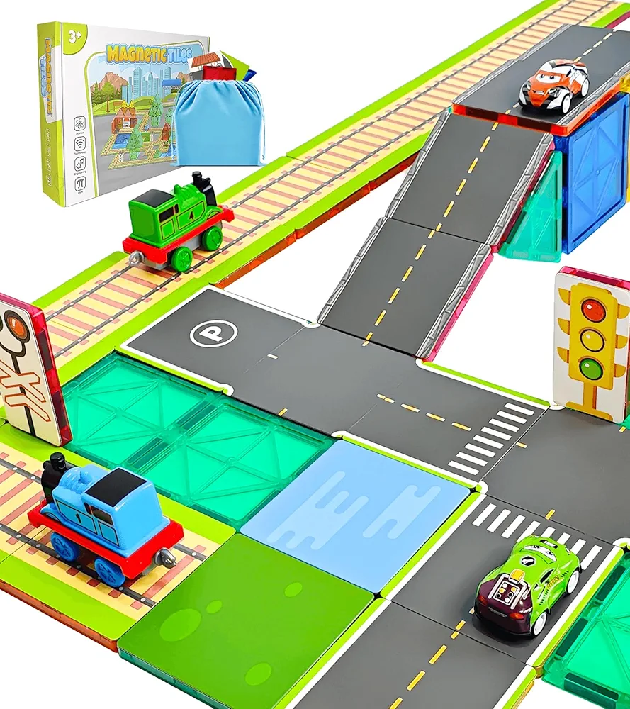 56pcs Magnetic Tiles Road Railway Toppers Set with Cars Trains Toy for Kids Ages 3-5 4-8, Children Creative Building Magnet Tile Construction Fun Toys for 3 4 5 8-12 Boys Girls Toddlers