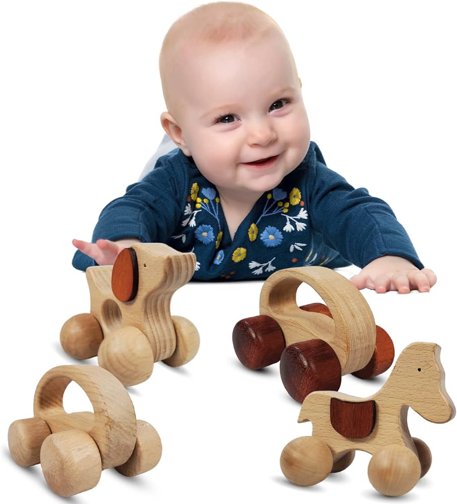 Wooden Animal Push Toy with Wheels | Baby & Toddler | Grasping & Teething | Natural Organic Beech Wood | Develops Fine Motor Skill | Coordination | Smooth No Rough Edges | (Package of 4 Toys)