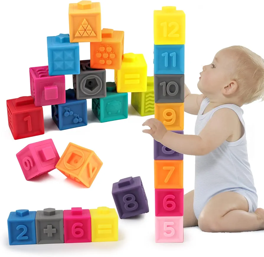 Baby Soft Blocks 12PCS, Soft Stacking Building Blocks 6-12 12-18 Months, Teething Learning Developmental Soft Toys for Babies Infant Toddlers, Squeeze Blocks with Numbers Animals Fruits