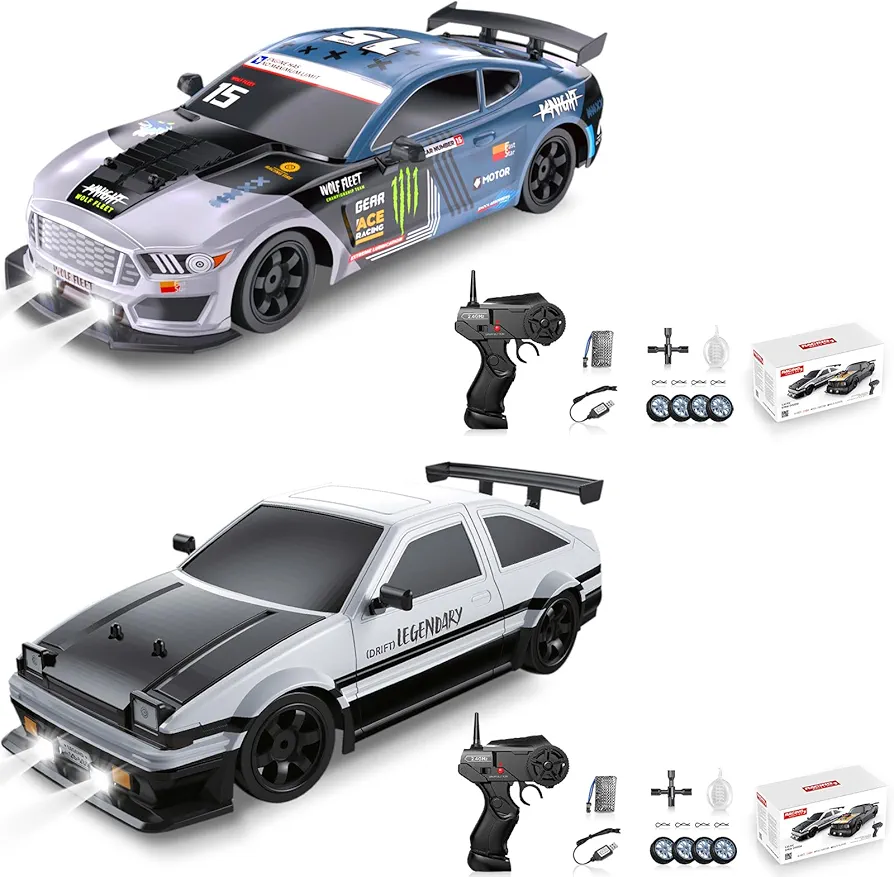 2PCS RC Drift Cars 2.4GHz 1:16 Scale 4WD High Speed Remote Control Cars with LED Lights Battery and Drifting Tires Racing Sport Toy Cars for Adults Boys Girls Kids Gift