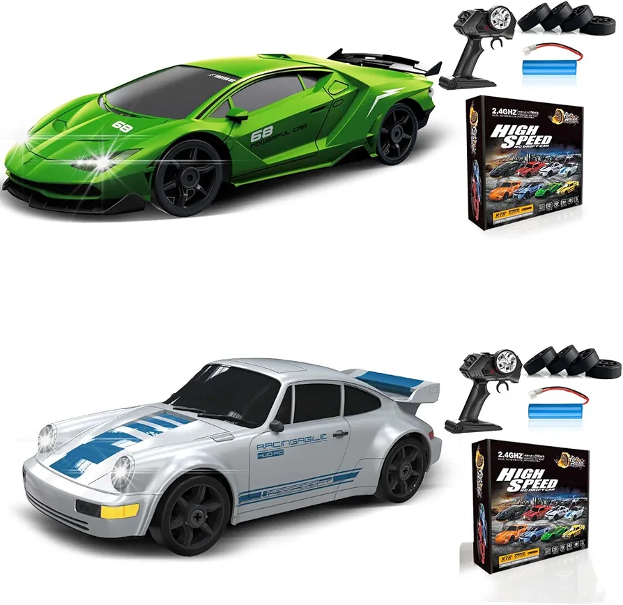 2PCS RC Drift Car 1:24 Remote Control Car 4WD 15KM/H High Speed Racing Sport Car with LED Lights RC Cars Toy Cars for Kids Boys Girls Adults Gifts Birthday Christmas Rechargeable Batteries