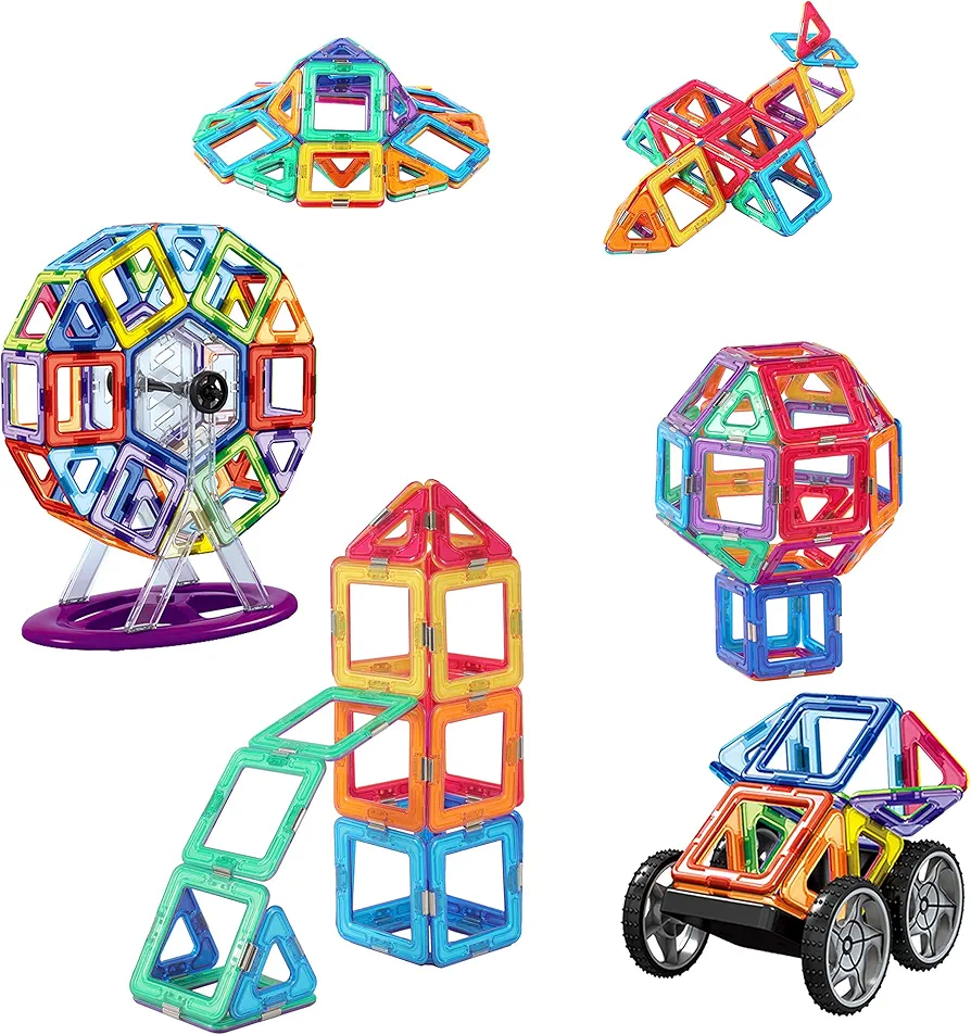 dreambuilderToy 120 Piece Magnetic Tiles, Magnet Building Blocks, STEM Educational Construction Kit，3D car and auto Magnetic Toys, Birthday Gift for Boys and Girls (120 Pieces)