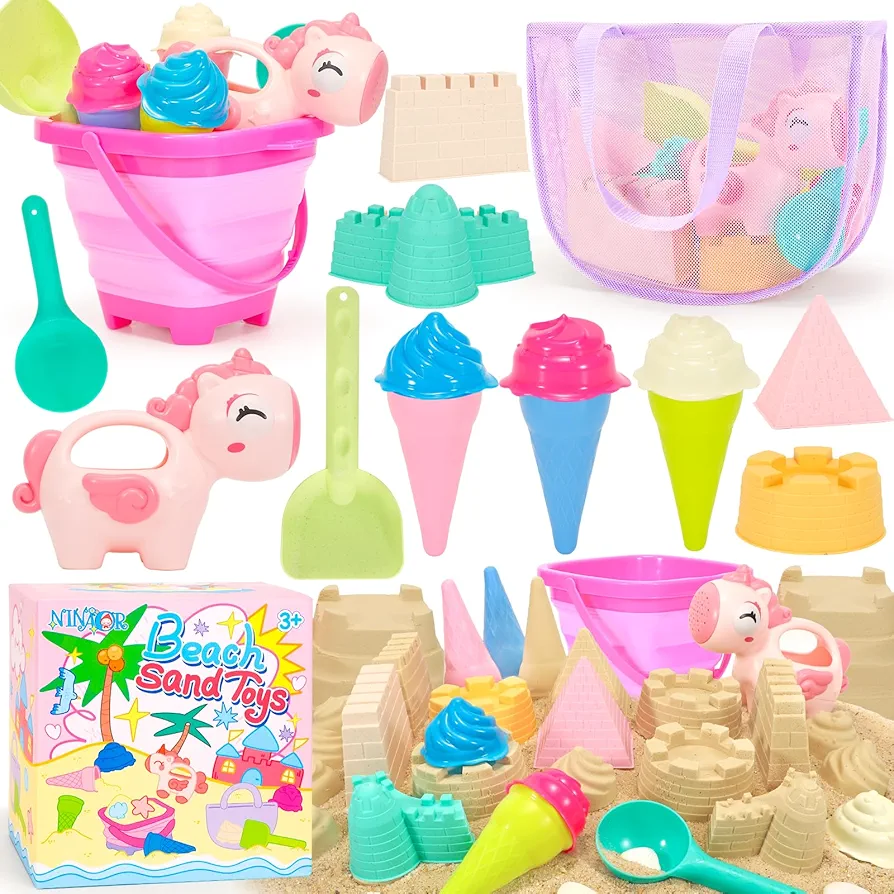 Beach Toys for Kids Travel Essentials, Sand Toys with Mesh Beach Bag Collapsible Bucket Ice Cream Castle Molds Beach Shovel Watering Can for Girls Sandbox Backyard Games Toddler Outdoor Toys