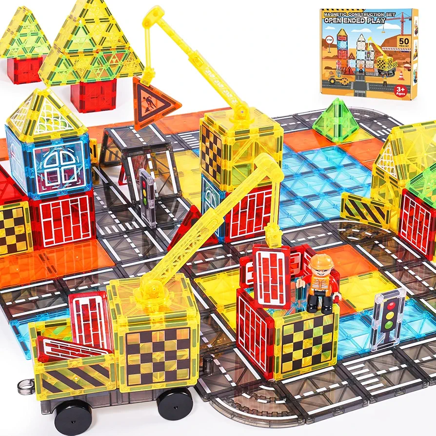 Magnetic Tiles Kids Construction Toys - Road Set with Magnet Crane for Boys Ages 3-5 4-8 8-10, Magnet Building Blocks Expansion Pack, STEM Educational Toys Christmas Birthday Gifts for Toddlers