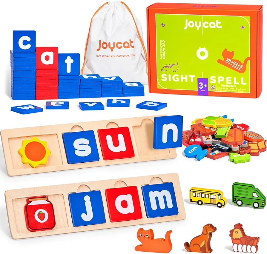 CVC Word Games Wooden Short Vowel Reading Letters Sorting Spelling Games, CVC Learning Blocks, Alphabet Puzzle Montessori Educational Toy Gift for Kids 3 4 5 Years Old