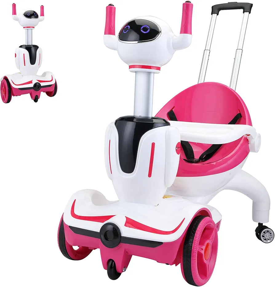 Kids 3-in-1 Electric Robot Buggy, Toddler Electric Ride On Car, Robot Scooter with Remote Control/Speed Adjustment/Emergency Stop, 3 Functions of Electric Car/Robot Scooter/Push Buggy-Pink White