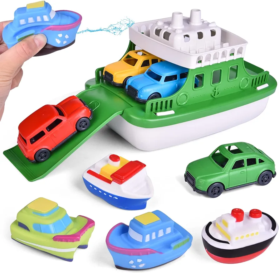 Toy Boat Bath Toys for Toddlers with 4 Mini Car Toys and 4 Bath Boat Squirters, Kids Ferry Boat for Bathtub Bathroom Pool Beach Toys