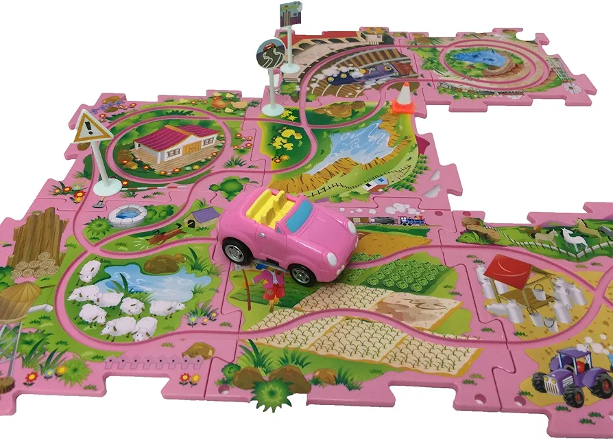 Theme Vehicle Puzzle Track Play Set - Battery Operated Toy Themed Style Vehicle Runs on Interchangeable Puzzle Tracks - Make up to 50 Track Combinations (Pink Sports Car)