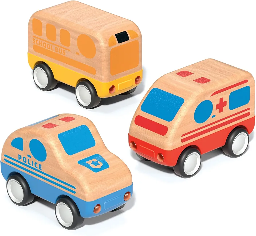 3pcs Wooden Toys Cars, Ambulance, Police Car and School Bus Educational Toy, Early Learning for Toddlers, Colorful Vehicles Play Set for 2 3 Year Old Boys Girls Christmas Birthday Gift