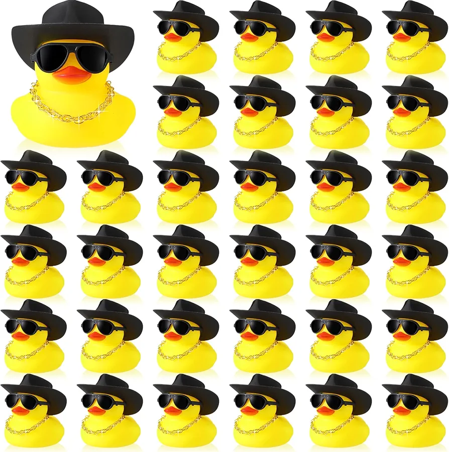 Sotiff 48 Sets Cowgirl Rubber Duck Squeaky Duck Bath Party Toy Duckies Car Dashboard Decorations with Mini Hat Necklace and Sunglasses for Bathtub Baby Shower Birthday Swimming (Yellow)