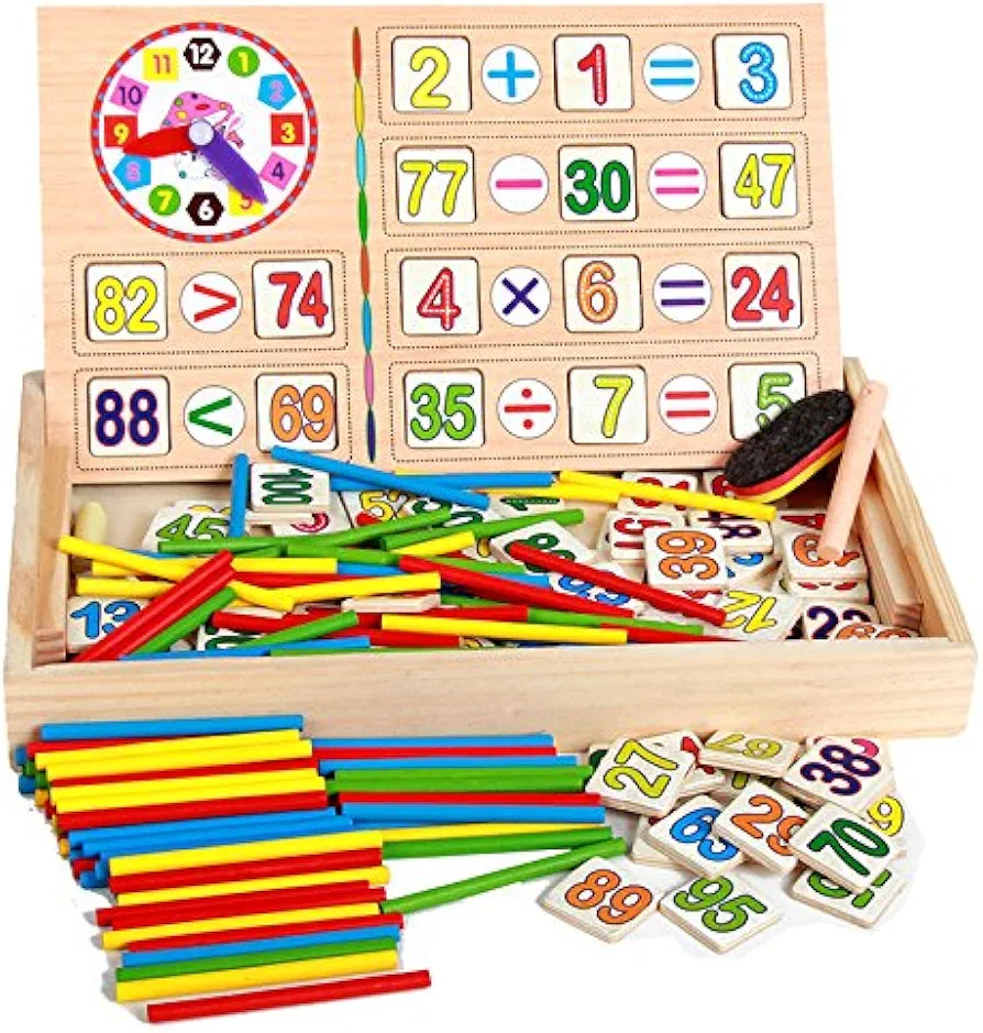 40PCS Wooden Number Sticks + 100PCS Bricks Blocks Mathematics Material Educational Toy + Mushroom Teaching Clock Time Learning for Kid Child Maths Early Education Learning