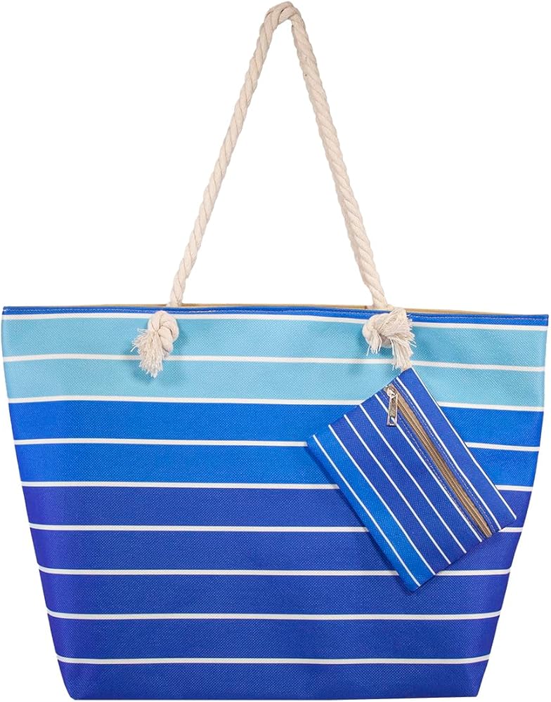 SUN & SURF Women's Large Waterproof Beach Bag with Zip, 60 x 40 x 20 cm, Summer Beach Bag, Shoulder Strap, Inner Pockets, Zip, Blue Stripes