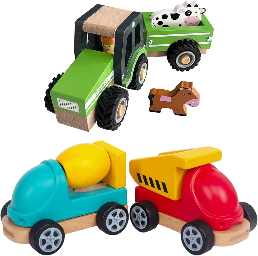 Wooden Tractor Toy Car and Baby Construction Truck PU Cars