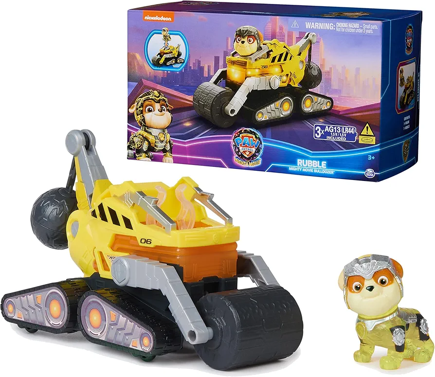 Paw Patrol: The Mighty Movie, Construction Toy Truck with Rubble Mighty Pups Action Figure, Lights and Sounds, Kids Toys for Boys & Girls 3+