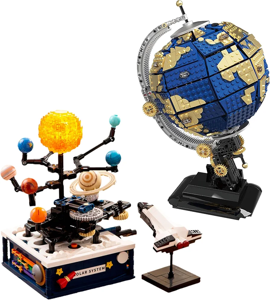 Solar System Creative Building Toys（775pcs）+ World Map Block Puzzle Set（1455pcs），Educational Toys for Science Experiments，Gifts for Children Ages 8+