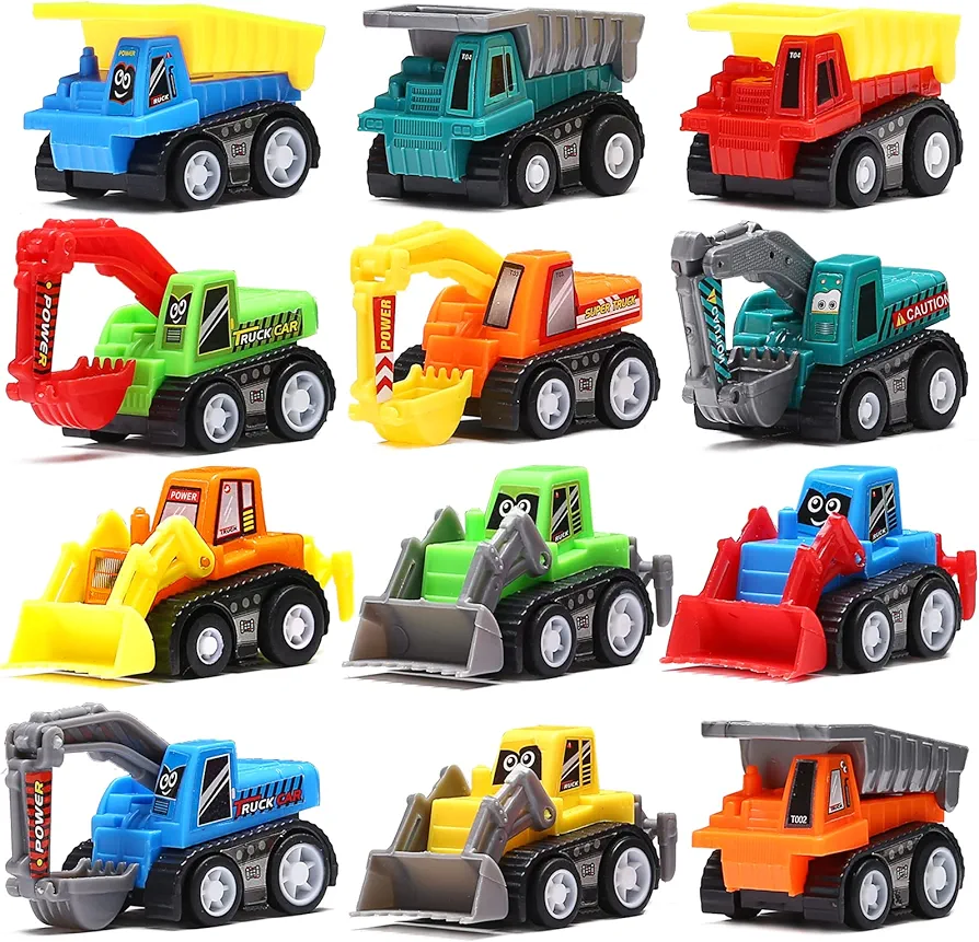 12-Piece Mini Truck Toy Kit - Pull Back Construction Vehicles for Kids, Great Party Favors, Birthday Gifts, Classroom Rewards, and Stocking Stuffers