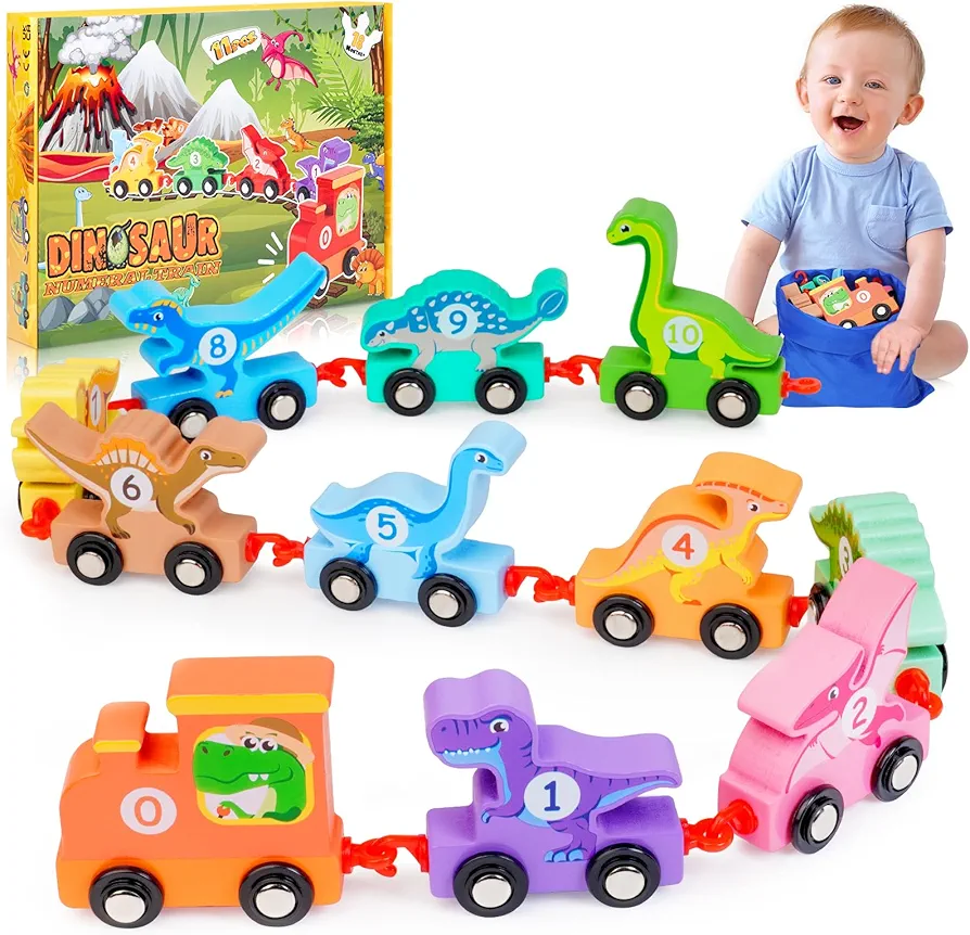 Toddler Dinosaur Toys Age 2-4: IPOURUP Wooden Dinosaurs Train Set Montessori Educational Toy for 1 2 3 4 5 6 Year Old Boys Girls Kids Birthday Gifts 11 PCS Trains Car with Numbers Toddlers Toy