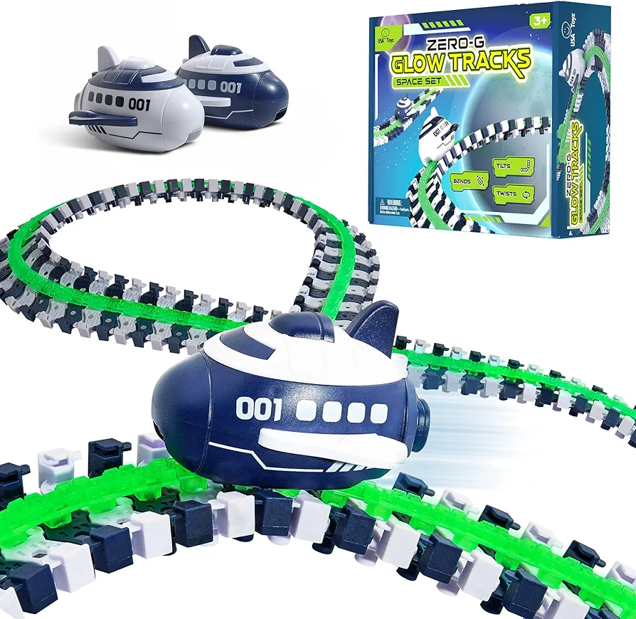 USA Toyz Zero G Space Glow Race Track for Kids- 258pc Glow in The Dark Flexible Race Track Set with Suction Cups, 2 Rocketship Cars, Take Apart STEM Building Toy Car Tracks for Boys and Girls Age 3+