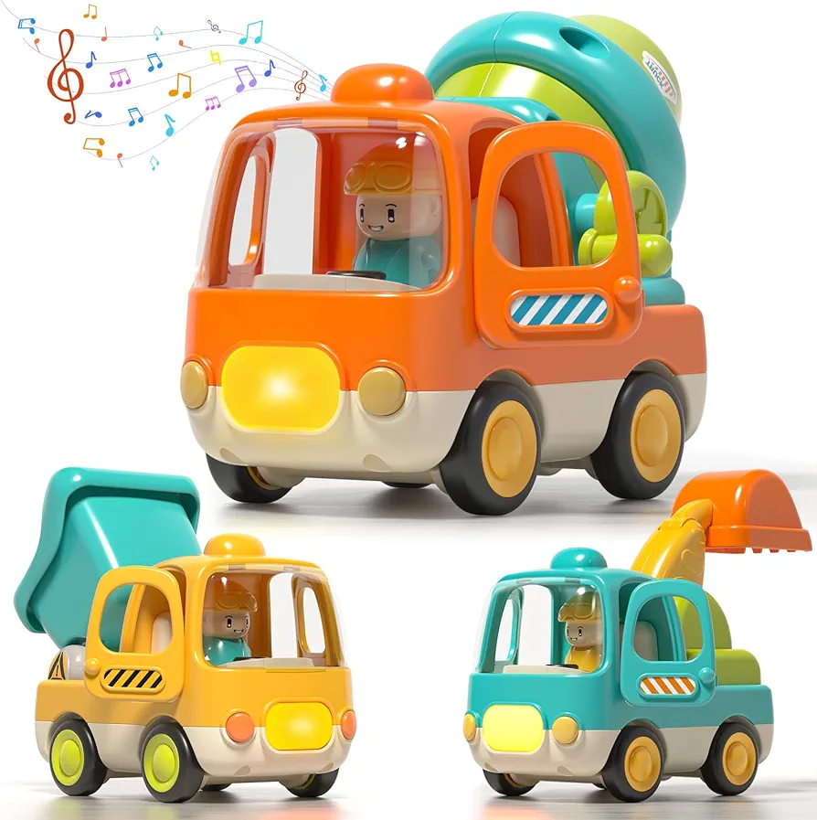 Baby Toys Push Cars for 1 2 3 Year Old 3 Pack Friction Powered Construction Vehicle Set Excavator Dumper Cement Mixer Truck Lights and Musial Toys Birthday Gifts for Toddlers 1-3