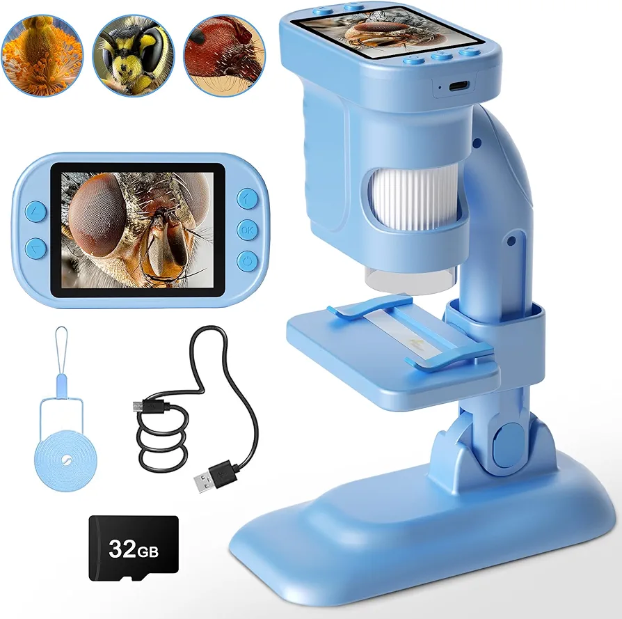 Microscope for Kids - 2.8" 1080P HD 1000X Kids Microscope Kit - Kids Portable Educational Science Toys, Christmas Birthday Gifts for Age 3 4 5 6 7 8 9 10 11 12 Girls Boys with 32G Card, Blue