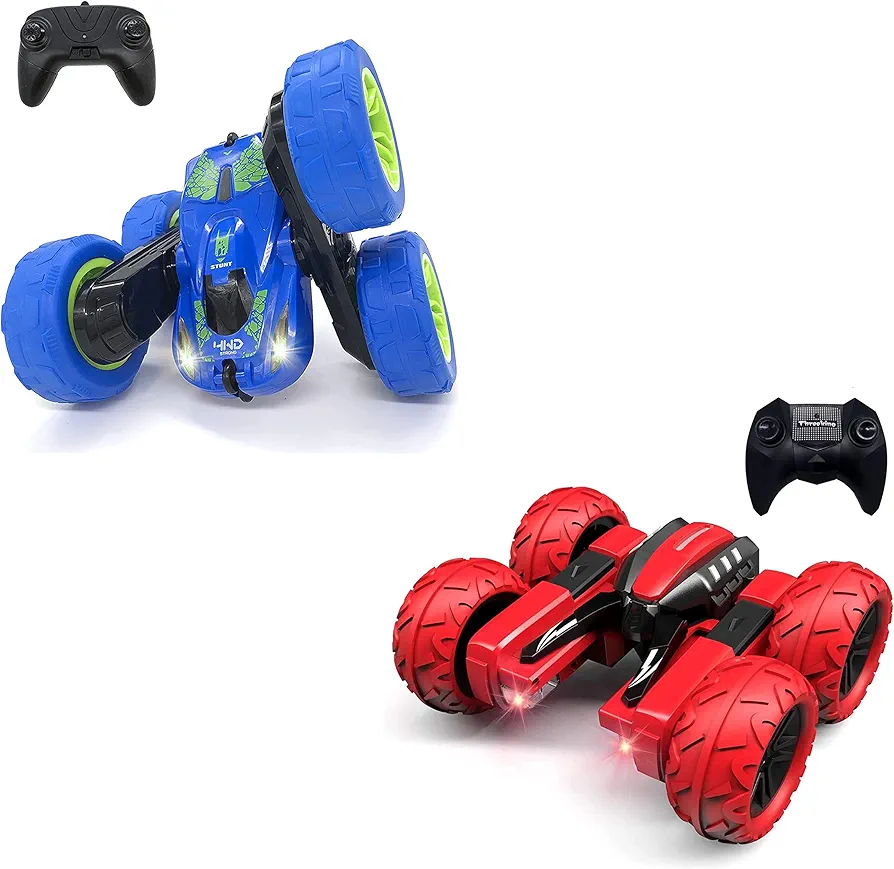 Threeking 1pc RC Stunt Car with Lights and 1pc RC Rotating Car with Lights for Boys/Girls Ages 6+