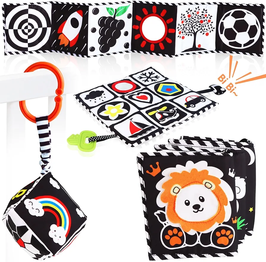 FUNNYB&G Black and White Baby Toys - 3pcs High Contrast Newborn Toys 0-3 6-12 Months for Babies Brain Development Infant Tummy Time Sensory Soft Book Crinkle Montessori Toys Baby Essentials Gifts