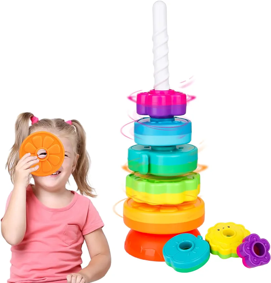 Upgraded Educational Spinning Stacking Toy, Stacking Rings Baby Toy, Montessori Toddlers Learning Toys for 1+ Year Old, Sensory Toys for Kids, Gift for Baby Girls Boys Age 12+ Months