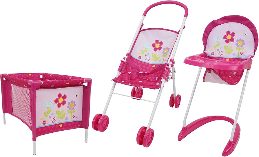 509 Crew Garden 3 Piece Stroll n Care - Doll Play Set Includes a Half Folding Stroller, Play Yard & Highchair, Kids Pretend Play, Ages 3+ (T801027)