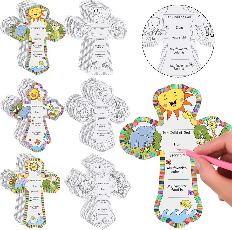 24 Pcs Color Your Own Crosses Crafts for Kids Religious Coloring Craft Kits God Crosses Christian DIY Crafts for Sunday School VBS Gifts Church Classroom Party Supplies