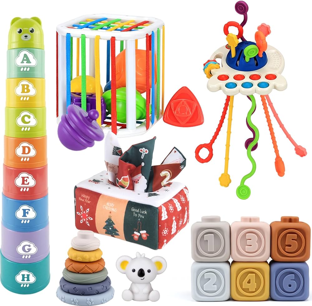 Montessori Toys for Babies 6-18 Months, 6 in 1 Baby Easter Basket Stuffers Sensory Toys, Infant Teething Pull String Toys, Stacking Blocks, Shape Sorter, Baby Tissue Box,Soft Rings, Stacking Cups