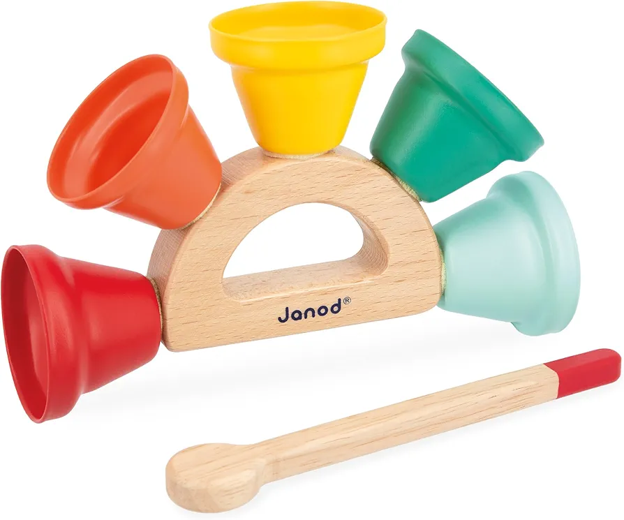 Janod Gioia Wood and Metal Handbell Set - 5 Metal Bells on a Wooden Holder and Mallet - Ages 18 months - 3 Years - J07638