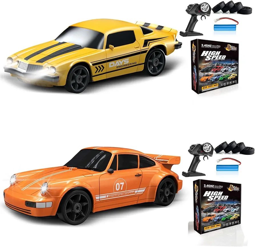 2PCS RC Drift Car 1:24 Remote Control Car 4WD 15KM/H High Speed Racing Sport Car with LED Lights RC Cars Toy Cars for Kids Boys Girls Adults Gifts Birthday Christmas Rechargeable Batteries