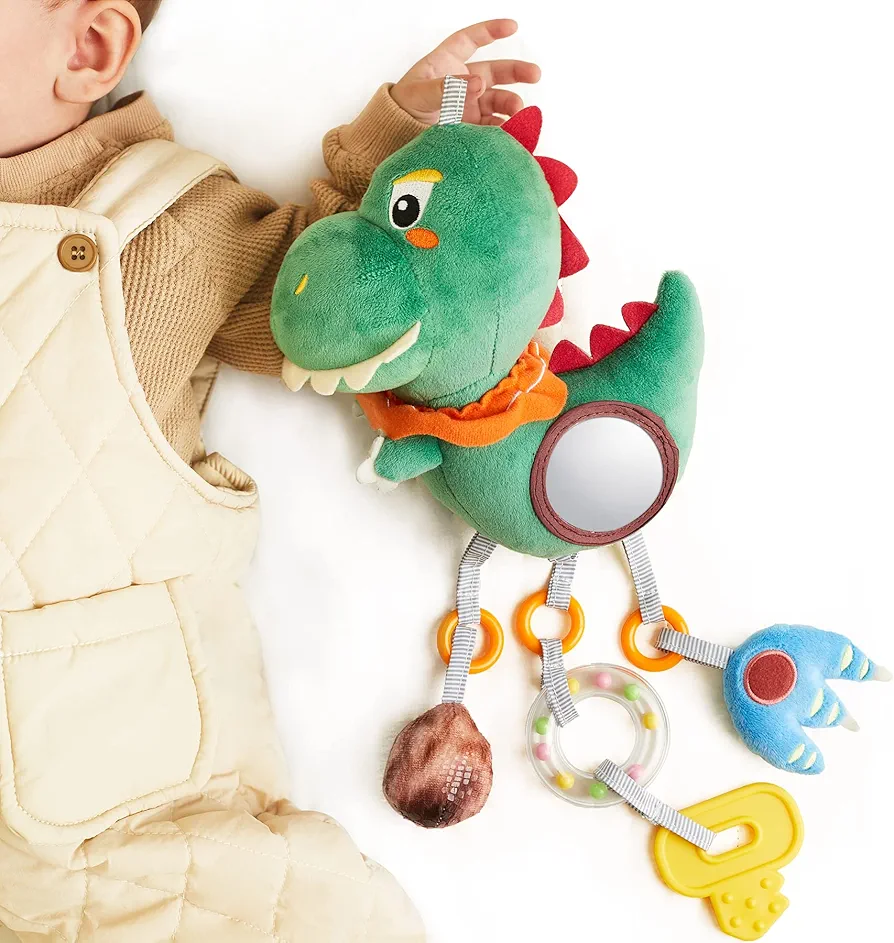 TUMAMA Baby Toys for 3 6 9 12 Months, Dinosaur Hanging Rattle Toys Crinkle Squeaky Sensory Toys with Mirror, Bell, Car Seat Stroller Mobile Toys for Boys, Girls Newborn Infant Toddler