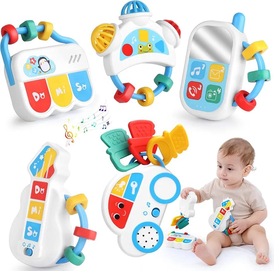 Baby Music Toys for 0 3 6 12 18 Months with Teething, Guitar Piano Rattle Phone Car, Touch Sound Toys-Toddler Music for Boy Girl Toys-Gifts for Babies for Birthday, Christmas, Halloween, New Year