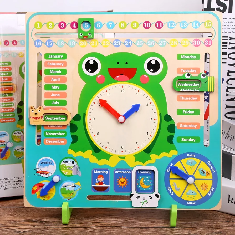 2024 Newly Big 7 in 1 Wooden Daily Calendar Telling time Teaching Clock for Kids Toddler, Kids Learning Clock for Telling Time, Date, Days of The Week, Months, Seasons and Weather for Home School