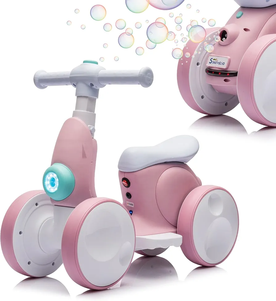 6V Electric Baby Balance Bike with Bubble Machine,4 in 1 Toddler Balance Bike w/Remote Control for 1 Year Old Boys Girls Kids Bubble Bike Ride on Toys w/Powered Motor,Music,LED Lights (Pink)