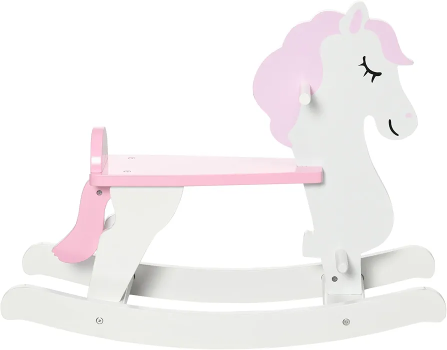 Qaba Wooden Rocking Horse, Baby Rocking Chair, for Toddlers 1-3, Kids Ride on Horse for Boys and Girls, Pink and White