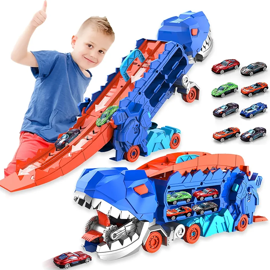 City Dinosaur Ultimate Hauler Track Toy for Boys, Transforms into Stomping Dinosaur with Race Track Ultimate Transporter Hauler Toddler Toys Gifts for Kids Ages 3 4 5 6 Years Old(4 Cars)