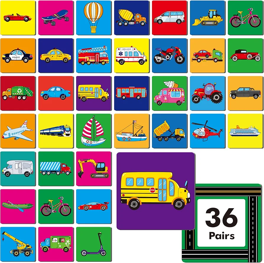 Hebayy Vehicle Matching Game, 72 PCS Traffic Memory Matching Cards for Toddlers 36 Pairs Transportation Memory Cards Educational Toys for Preschool Boys & Girls 4 5 6 Years Old