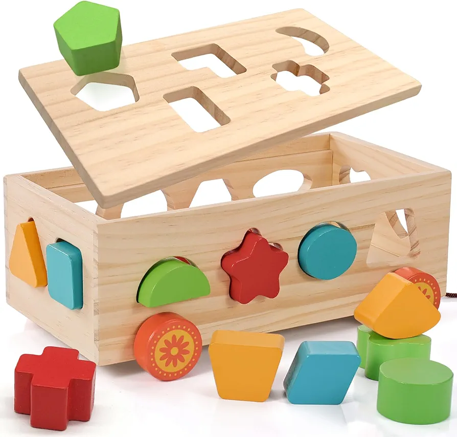 Shape Sorter - Montessori Wooden Learning Shapes Toy with 17 Shape Blocks - Early Education and Sensory Development Storage Pull Car for Toddlers