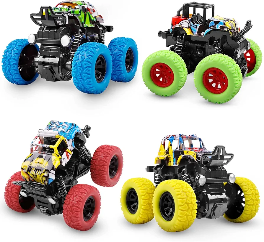 M SANMERSEN Monster Trucks for Boys, 4 Pack Push and Go Friction Powered Cars Vehicles Toys, 360° Rotating Stunt Car Boys Girls Birthday Christmas Party Gifts