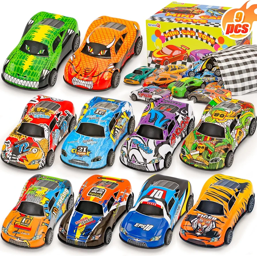 Party Favors Toy Cars, 9Pcs Pull Back Cars with Storage Bags, Race Cars Game Toddler Toys Carnival Treasure Box Prizes Classroom Rewards for Boys Girls Treat Bags Gifts