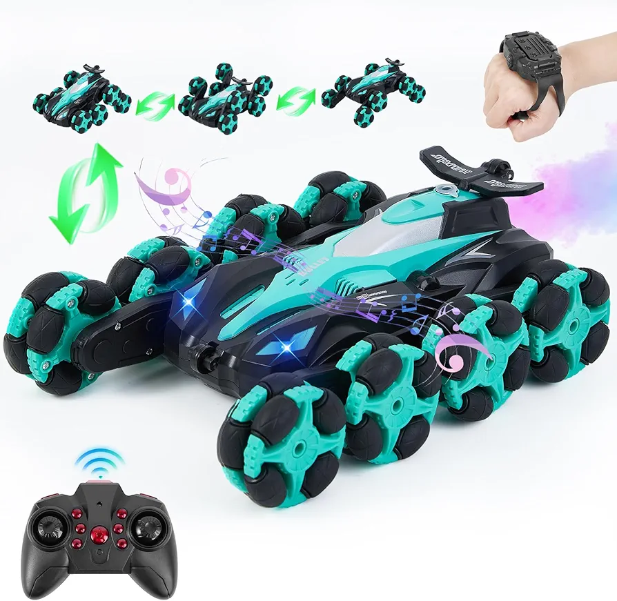 8WD 2.4Ghz Remote-Controlled Drifting Stunt Car with Music and Lighting, Gesture Sensing Climbing Car for Boys Gifts Aged 6-13 -Green