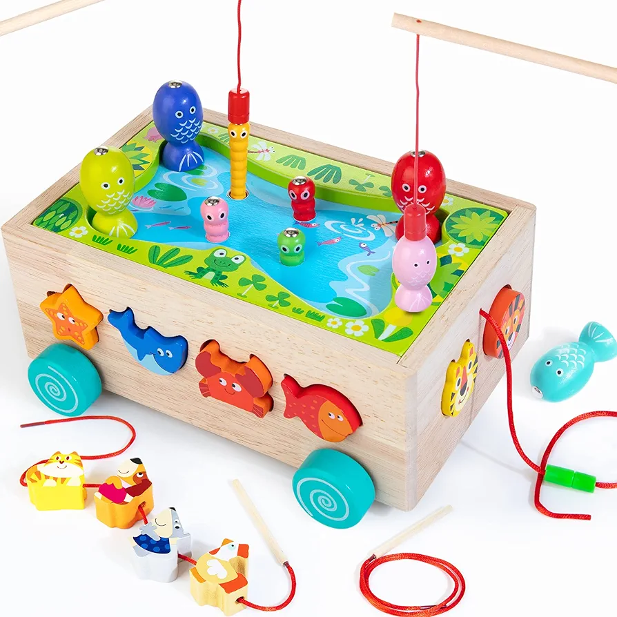 Montessori Wooden Shape Sorter Toys for Toddlers, Multifunctional Magnetic Fishing Car with Animal Blocks & Fishing Game, Preschool Baby Gift, Fine Motor Skills Toys for 1-3 Year Old Boys Girls