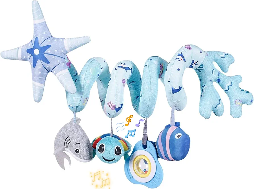 Deluxe 5-Piece Spiral Plush Toy Set - Cute Hanging Baby Rattle Animals including Shark Ideal Stroller, Crib Mobile, & Car Seat Toys for Babies 0-6 months up to 1 Year Coral Blue