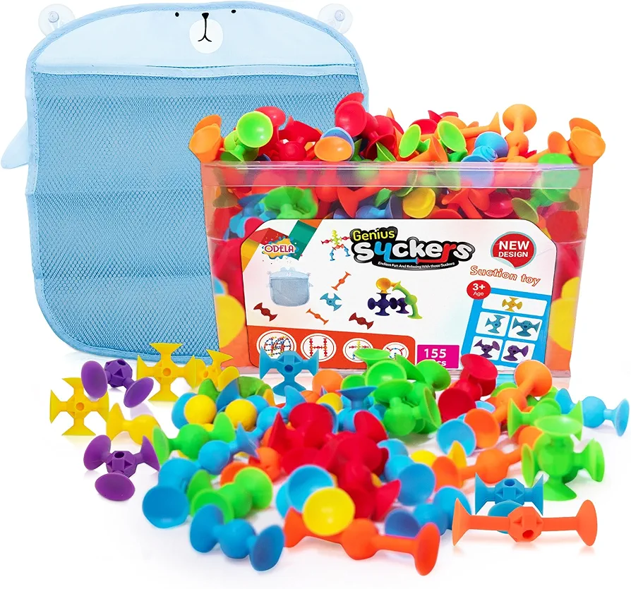 Genius Suckers 155Pcs Suction Toy Kids Sensory Toys – Baby Toy Suckers Building Toys – STEM Development Sucker Toys for Kids – Colorful Suction Toy for 3 Year Olds – Interactive Bath Toy Set