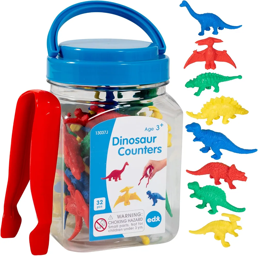 Edx Education Dinosaur Counters - Mini Jar Set of 32 - Learn Counting, Colors, Sorting and Sequencing - Math Manipulative for Kids