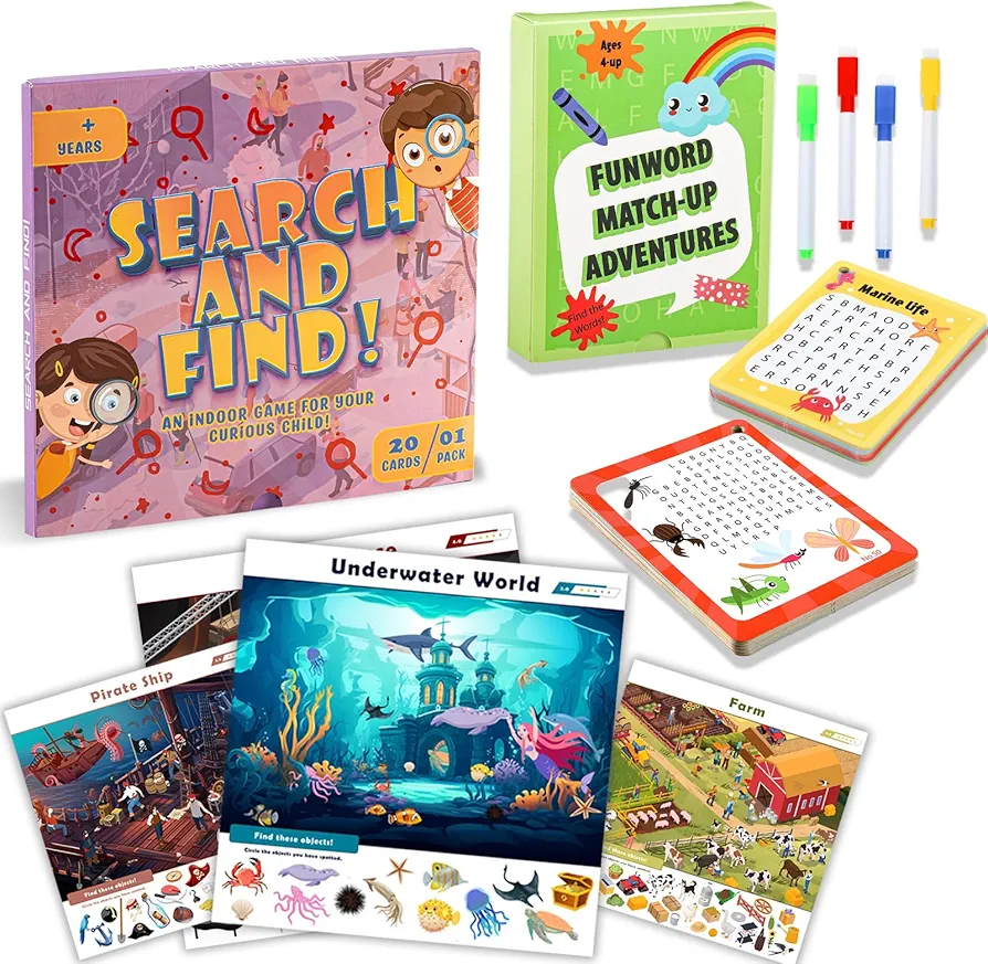 Search and Find Books for Kids Ages 6-8, Word Search for Kids Ages 6-8, Fun Themes Kindergarten Look and Find Activity Toys Gifts for Boys Girls 3, 4, 5, 6