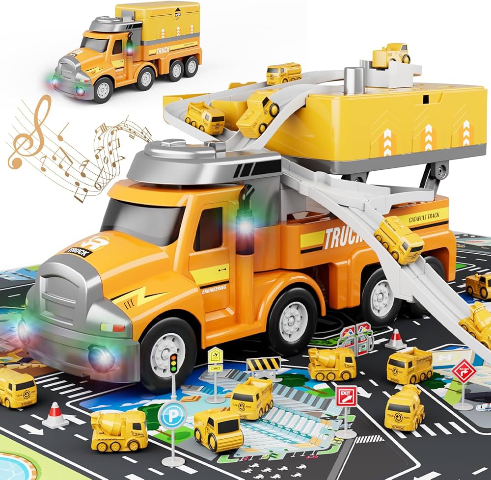 Dwi Dowellin Construction Truck for Kids Ages 3-5, Truck Transport Car with 4 Mini Vehicles & Playmat,Truck Toys with Light and Music,Toddlers Toys Gift for 3-4 Year Old Boy and Girl (Yellow)